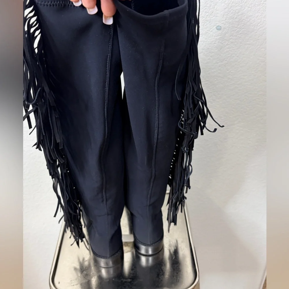 Lavorazione Artigiana Made in Italy Black Suede Over the Knee Fringe Boots 8